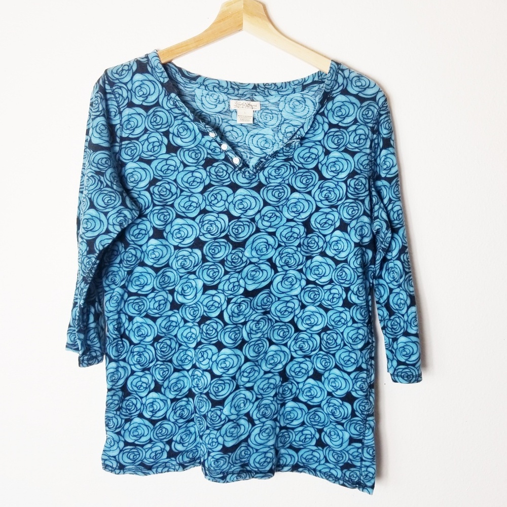 Lucky Brand Blue Teal Floral Rose Pattern V Neck